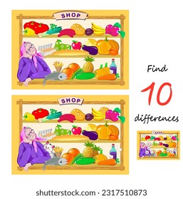 Find 10 differences. Illustration of cute old lady in a grocery shop. Logic puzzle game for children and adults. Page for kids brain teaser book. Developing to counting skills. Vector drawing.