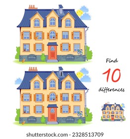 Find 10 differences. Illustration of a cute house with windows. Logic puzzle game for children and adults. Page for kids brain teaser book. Developing to counting skills. Vector cartoon drawing.