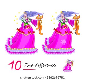 Find 10 differences. Illustration of fairy princess with fire-bird. Logic puzzle game for children and adults. Page for kids brain teaser book. Task for attentiveness. Vector cartoon drawing.