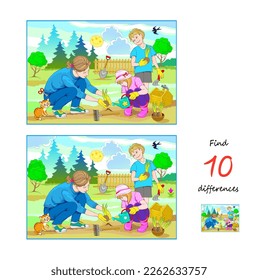 Find 10 differences. Illustration of family working in spring garden. Logic puzzle game for children and adults. Page for kids brain teaser book. Developing counting skills. Vector drawing.