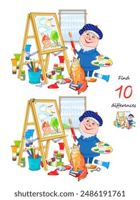 Find 10 differences. Illustration of a funny artist painting a picture. Logic puzzle game for children and adults. Educational page for kids brain teaser book. Flat vector drawing.