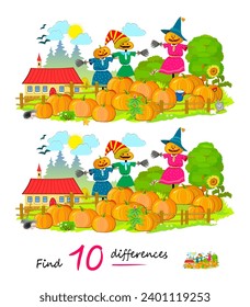 Encuentra 10 diferencias. Ilustración de espantos en el jardín con calabazas. Juego de rompecabezas lógico para niños y adultos. Página para niños libro teaser de cerebro. Desarrollando para contar habilidades. Dibujo de dibujos animados