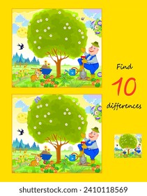 Finden Sie 10 Unterschiede. Illustration des glücklichen Gärtners im Frühlingsgarten. Logic Puzzle Spiel für Kinder und Erwachsene. Seite für Kinder Gehirn Teaser Buch. Entwicklung von Fähigkeiten zum Zählen. Vektorgrafik-Zeichnung