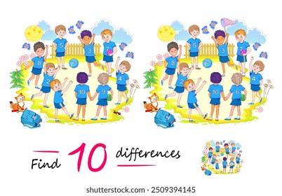 Encuentra 10 diferencias. Ilustración de niños felices jugando al fútbol en el patio. Juego de puzzle de lógica para niños y adultos. Página educativa para niños libro de bromista cerebral. Dibujo de Vector.