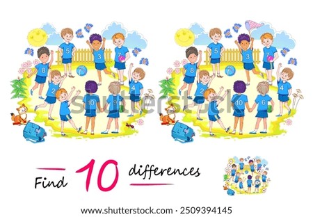 Find 10 differences. Illustration of happy boys playing football in the yard. Logic puzzle game for children and adults. Educational page for kids brain teaser book. Vector drawing.