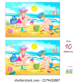 Find 10 differences. Illustration of kids playing in summer beach. Logic puzzle game for children and adults. Page for brain teaser book. Developing counting skills. Play online. Vector image.