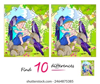 Find 10 differences. Illustration of a little boy playing a pipe. Logic puzzle game for children and adults. Educational page for kids brain teaser book. Developing to counting skills. Vector drawing