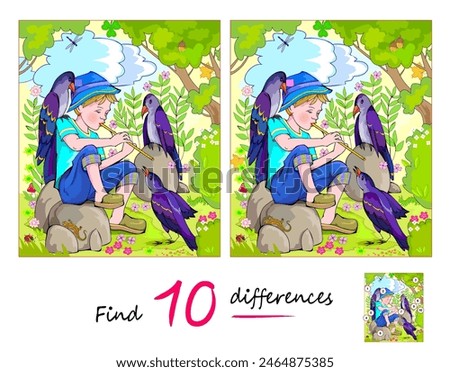 Find 10 differences. Illustration of a little boy playing a pipe. Logic puzzle game for children and adults. Educational page for kids brain teaser book. Developing to counting skills. Vector drawing