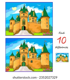 Find 10 differences. Illustration of an old medieval castle. Logic puzzle game for children and adults. Page for kids brain teaser book. Task for attentiveness. Vector cartoon drawing.