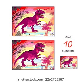 Find 10 differences. Illustration of prehistoric extinct dinosaur tyrannosaurus. Logic puzzle game for children and adults. Page for kids brain teaser book. Developing counting skills. Vector drawing