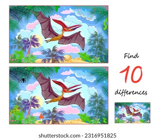 Find 10 differences. Illustration of a pterodactyl flying in prehistoric jungle. Logic puzzle game for children and adults. Page for kids brain teaser book. Developing to count. Vector drawing.