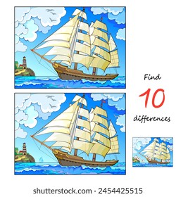 Find 10 differences. Illustration of a seascape with sailboat. Logic puzzle game for children and adults. Educational page for kids brain teaser book. Developing to counting skills. Vector drawing.