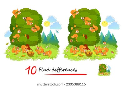 Find 10 differences. Illustration of squirrels family gathering acorns in the forest. Logic puzzle game for children and adults. Page for kids brain teaser book. Developing to count. Vector drawing.