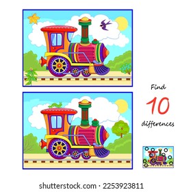 Find 10 differences. Illustration of toy locomotive. Logic puzzle game for children and adults. Page for kids brain teaser book. Developing counting skills. Vector drawing.