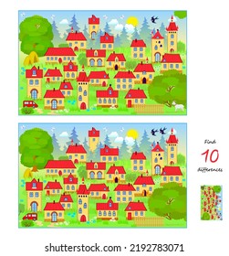 Find 10 differences. Illustration of village landscape. Logic puzzle game for children and adults. Page for kids brain teaser book. Developing counting skills. Vector drawing.