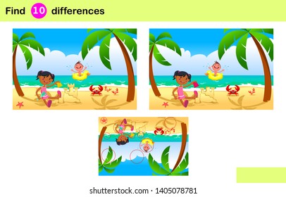  Find 10 differences. Kids on vacation. Children playing in sea beach. Educational game for children. Cartoon vector illustration. 
