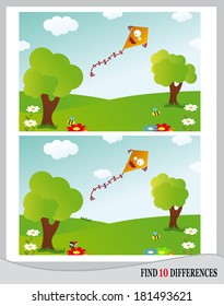 Find 10 Differences - Landscape with kite, meadow, trees, flowers and insect (vector)