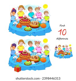 Finden Sie 10 Unterschiede. Logic Puzzle Spiel für Kinder und Erwachsene. Illustration von Jungen und Mädchen, die einen Geburtstag feiern. Seite für Kinder Gehirn Teaser Buch. Aufgabe für Aufmerksamkeit. Vektorgrafik-Zeichnung.