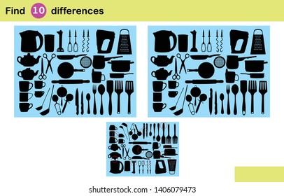 Find 10 differences. Lots of isolated kitchen items on blue background.  Children's game find the differences.