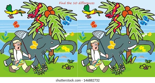 find 10 differences, man and elephant, funny vector illustration