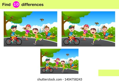  Find 10 differences. Many children play in the park in summer. The boy on the bike, the girl on the rollers, the girl reads a book. Educational game for children. Cartoon vector illustration. 