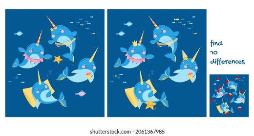 Find 10 differences. Narwhal or underwater unicorn characters with fishes and starfishes. Cute whale unicorn. Educational activity for children. Vector illustration. 