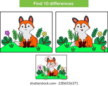 Find 10 differences on cute orange fox pictures. Education of preschoolers. Vector illustration