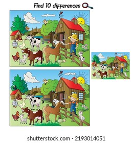 Finden Sie 10 Unterschiede. Auf dem Bauernhof werden verschiedene landwirtschaftliche Nutztiere,