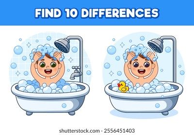 Find 10 differences on the topic of hygiene. A kid is bathing in a bubble bath with duck. He is washing his hair under the shower. Cute cartoon illustration, Isolated. Kid's game.