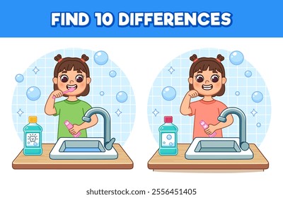 Find 10 differences on the topic of hygiene. Girl brushing teeth, standing near sink with tap. There is mouthwash on table. Cute cartoon illustration, Isolated.