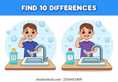 Find 10 differences on the topic of hygiene. Boy brushing teeth, standing near sink with tap. There is mouthwash on table. Cute cartoon illustration, Isolated.