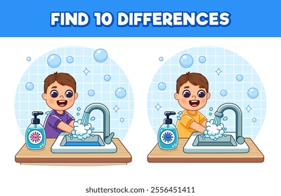 Find 10 differences on the topic of hygiene. Boy in pajamas washes his hands under running water from the tap. There is antimicrobial soap on the table. Cute cartoon illustration, Isolated.