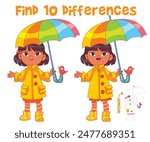 Find 10 differences in the picture. Autumn Girl. Educational game for kids. Attention task. Funny cartoon character. Worksheet page. Vector illustration. Isolated on white background