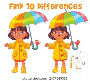 Find 10 differences in the picture. Autumn Girl. Educational game for kids. Attention task. Funny cartoon character. Worksheet page. Vector illustration. Isolated on white background