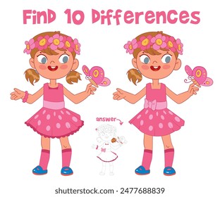 Find 10 differences in the picture. Cute girl. Educational game for kids. Attention task. Funny cartoon character. Worksheet page. Vector illustration. Isolated on white background