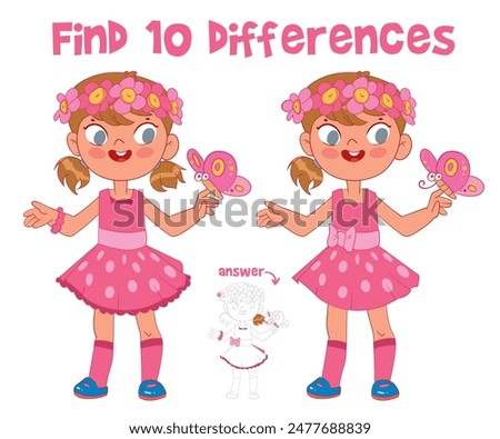 Find 10 differences in the picture. Cute girl. Educational game for kids. Attention task. Funny cartoon character. Worksheet page. Vector illustration. Isolated on white background