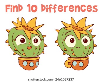 Find 10 differences in the picture. Educational game for kids. Attention task. Funny cartoon character. Worksheet page. Vector illustration