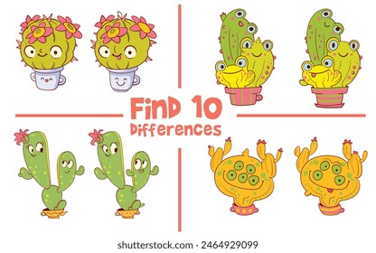 Find 10 differences in the picture. Educational game for kids. Attention task. Funny cartoon character. Worksheet page. Activity book. Vector illustration