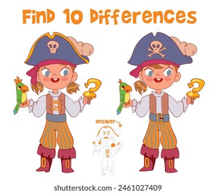 Find 10 differences in the picture. Girl in a pirate costume. Educational game for kids. Attention task. Funny cartoon character. Worksheet page. Vector illustration