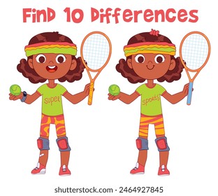 Find 10 differences in the picture. Girl tennis outfit. Educational game for kids. Attention task. Funny cartoon character. Worksheet page. Vector illustration. Isolated on white background