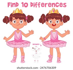 Encuentra 10 diferencias en la imagen. Niña bailarina. Juego educativo para niños. Atención, tarea. Caricatura divertida. Hoja de cálculo. Ilustración vectorial. Fondo blanco aislado