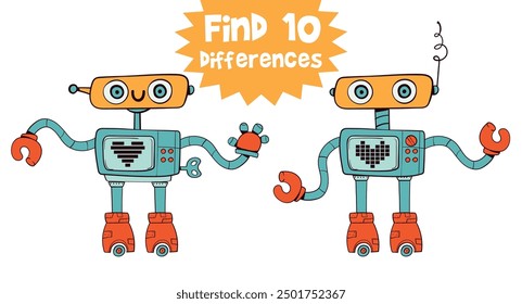 Find 10 differences in the picture. Retro robot. Educational game for kids. Attention task. Funny cartoon character. Worksheet page. Vector illustration. Isolated on white background
