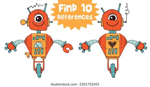 Encuentra 10 diferencias en la imagen. Robot retro. Juego educativo para niños. Tarea de atención. Divertido personaje de dibujos animados. Página Hoja de cálculo. Ilustración vectorial. Aislado en el fondo blanco