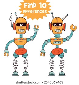 Finden Sie 10 Unterschiede im Bild. Retro-Roboter. Pädagogisches Spiel für Kinder. Aufmerksamkeitsaufgabe. Lustige Comic-Figur. Arbeitsblattseite. Vektorgrafik. Einzeln auf weißem Hintergrund