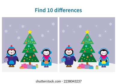 Encuentra 10 diferencias en las imágenes. Pingüinos guapos cerca del árbol de Navidad.