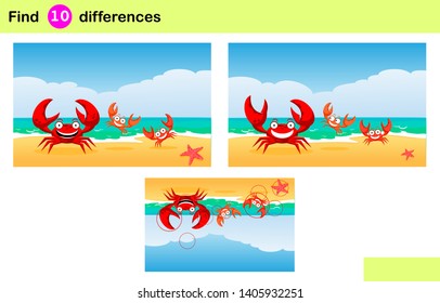 Find 10 differences. Red crabs. Crabs on a beach, vector illustration. Family of crabs.