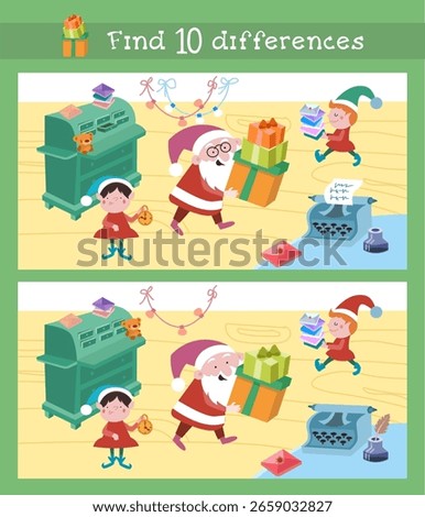 Find 10 differences. Santa Claus and elves are preparing for Christmas. Puzzle for kids. Children game scene for design. Vector illustration.