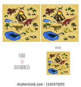 Find 10 differences. Search spots in dinosaur's park. Educational game for children. Cartoon vector illustration in isometric style