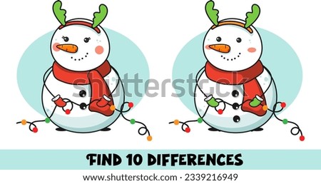 Find 10 differences. Snowman illustration for kids. Vector illustration.