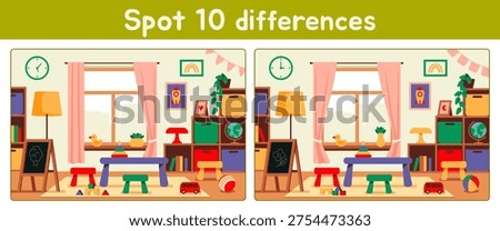 Find 10 differences. Spot difference in children's room with toys and furniture. Educational games for children to develop attentiveness. Flat vector illustration